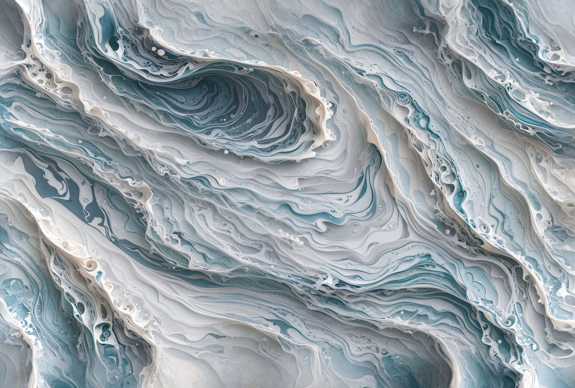 Abstract swirling layers of blue and white artistic waves